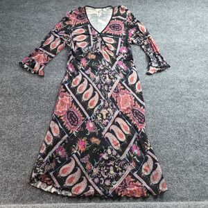 Mimi Maternity Dress Paisley Boho Patchwork Midi V-Neck S Black Pink USA Made